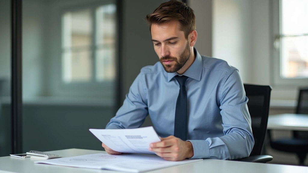 Personne assise au bureau avec un journal de trading imprimé, analysant les résultats des transactions avec calme